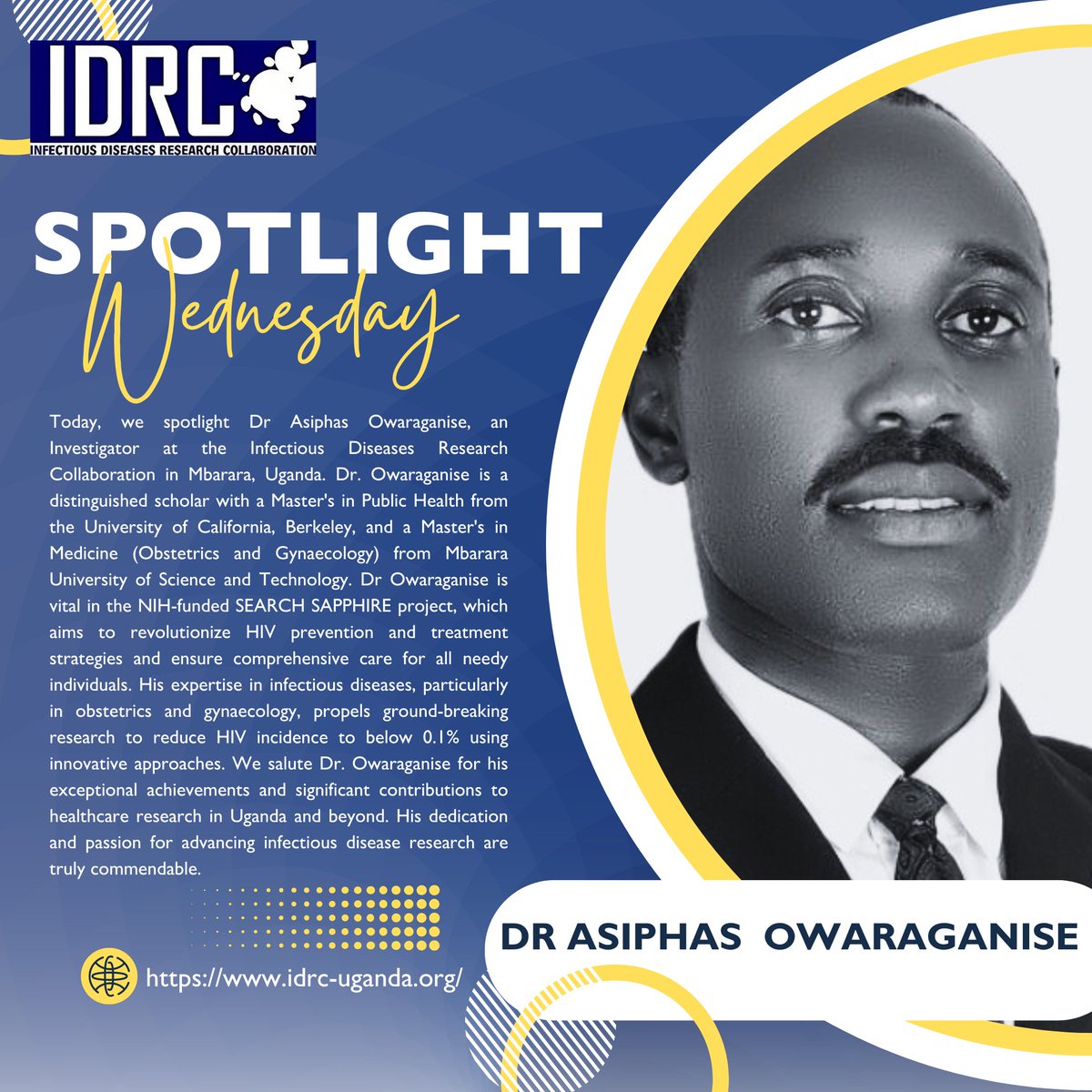 It's #SpotlightWednesday and we're shining a light on the inspiring Dr. @asiphas at @IDRC_Uganda ! 🌟His dedication to HIV prevention is making a real difference in the fight against the virus. #spotlight