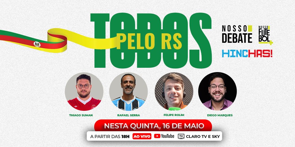 TODOS PELO RS: Live Solidária 💚❤️💛

Nesta quinta-feira o Nosso Futebol e o <a href="/CanalHinchas/">Hinchas</a>  promovem uma Live no YouTube repleta de convidados com objetivo de arrecadar fundos em prol das vítimas da tragédia no Rio Grande do Sul.

Vamos juntos!🙏🏼