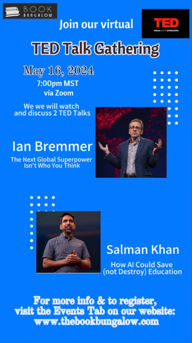 Our @TEDTalks Gathering is going strong! We’re meeting again on Thursday to watch & discuss talks from @ianbremmer & @khanacademy! Register to join us here: us02web.zoom.us/meeting/regist… #booktwitter #Tbr #whattoread #shopindie #shopsmall #shoplocal