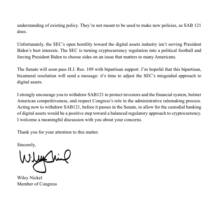 Breaking News: North Carolina's @RepWileyNickel pens letter directly to @SECGov Chair @GaryGensler, outlining 'significant policy concerns' w/ SAB 121 and the process that led to its release. As of now, @WileyNickel received no response. cc @EleanorTerrett @TheSiliconHill #NCPOL