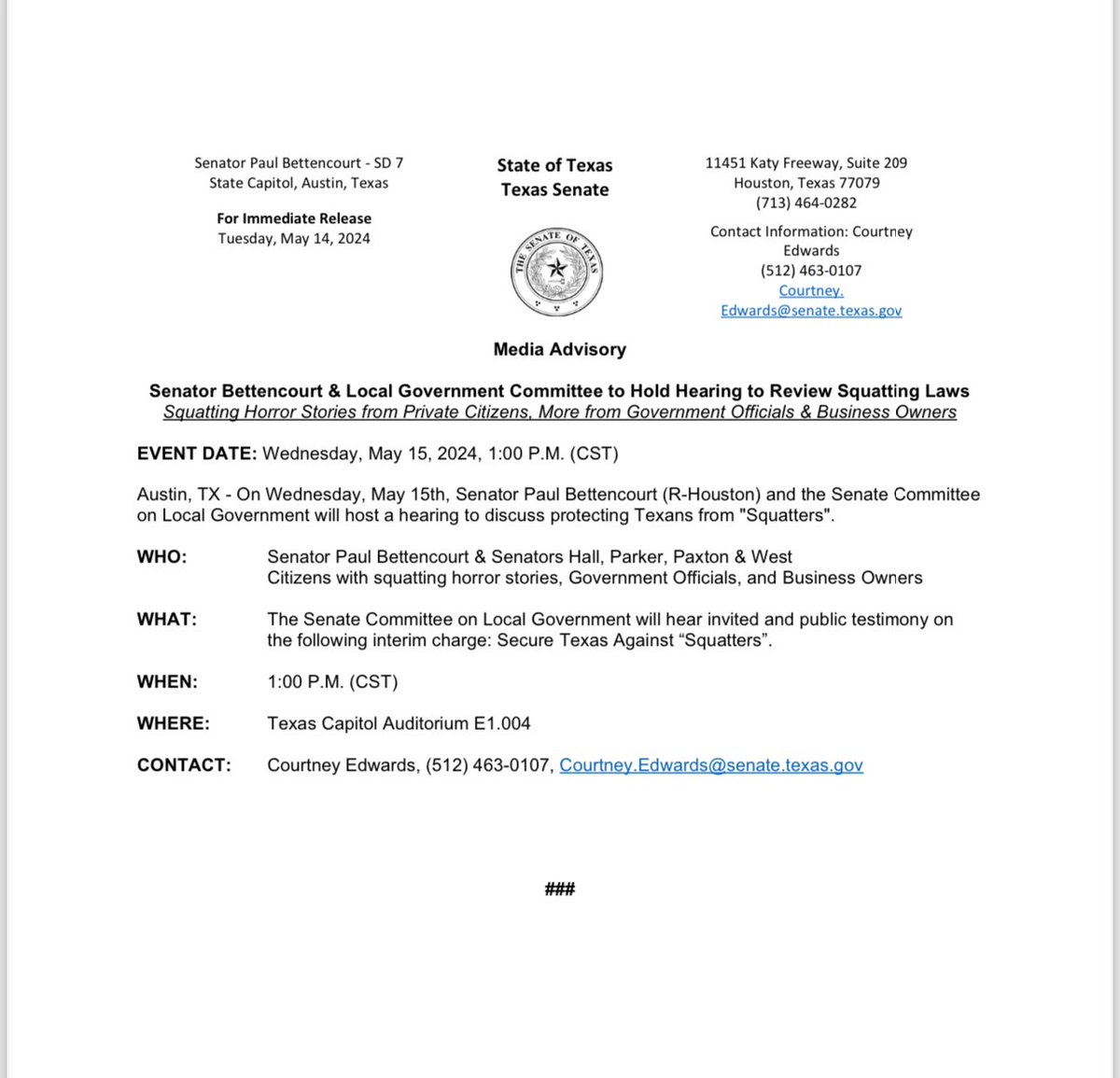 🚨 Don't miss the big hearing 🚨 Secure Texas Against “Squatters”.  Join me today for the Local Government Committee Hearing to Review Texas Squatting Laws. Hear squatting Horror Stories from Private Citizens and from Government Officials & Business Owners on why we need stricter