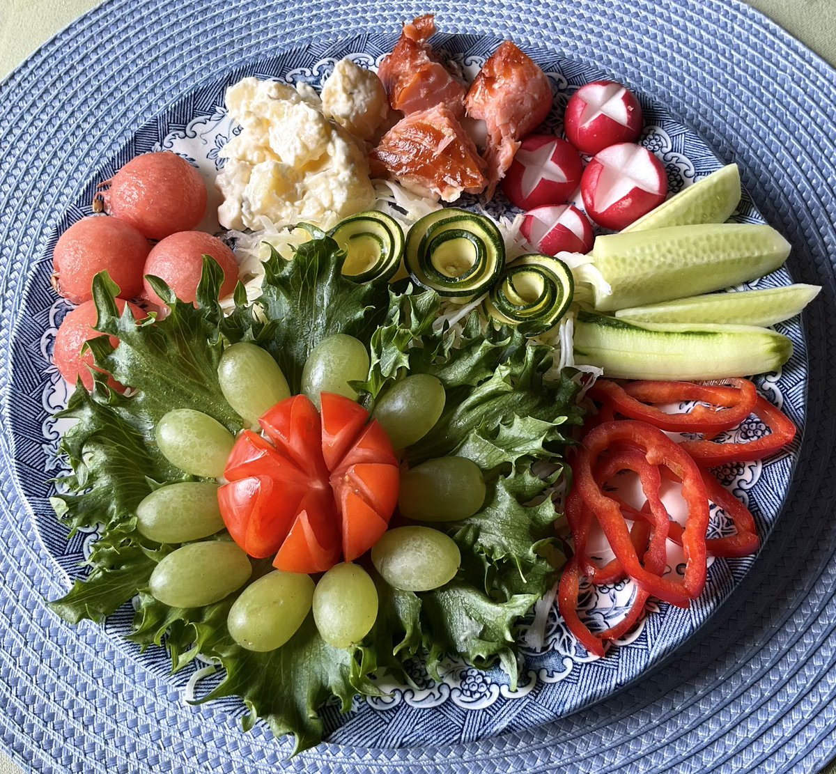 +24ºC! 1º over my comfort limit, too hot! 🥵 I’ll postpone my garden day and try again tomorrow! For hubby’s gluten-free breakfast: iceberg lettuce, grapes, tomato, watermelon, potato salad, smoked salmon, radish, cucumber, bell pepper, zucchini, cabbage, no chilli.