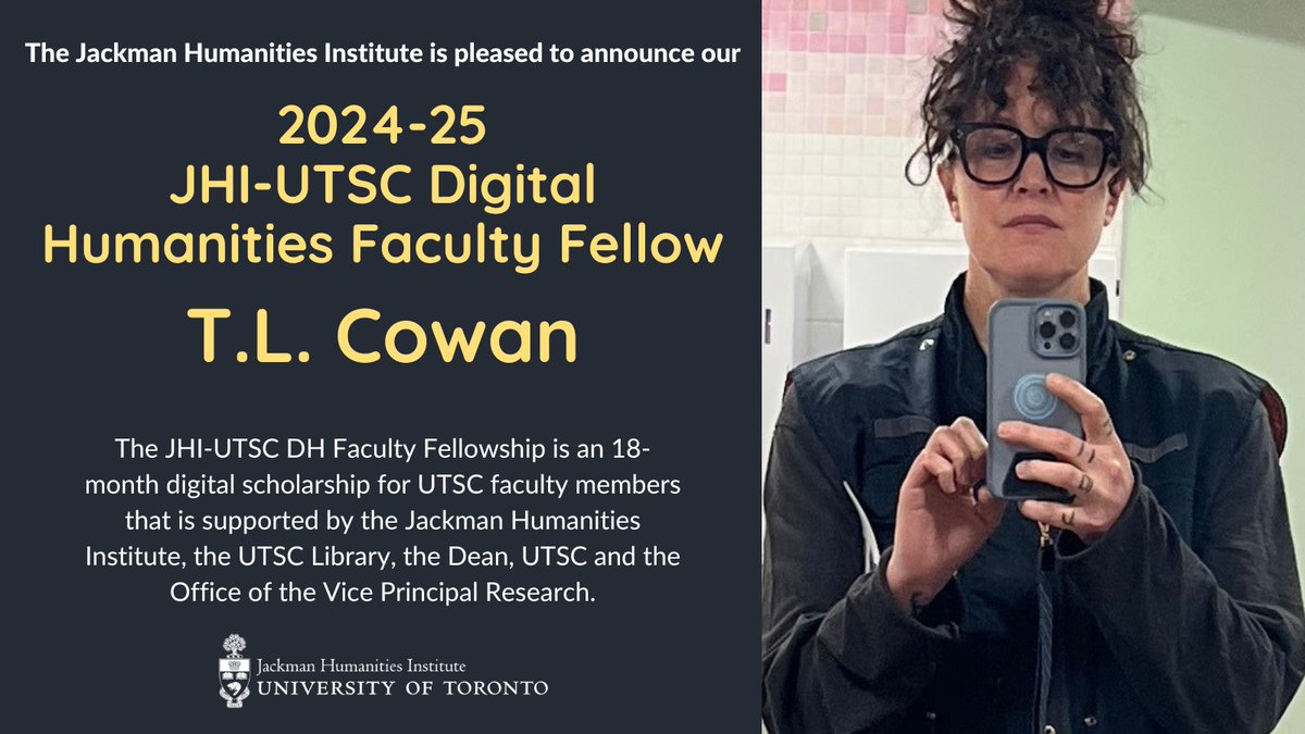 👏 Congratulations to T.L. Cowan, our 2024-25 JHI-UTSC Digital Humanities Faculty Fellow. Their research focuses on cultural and intellectual economies and networks of minoritized digital media and performance practices. Announcement uoft.me/au7