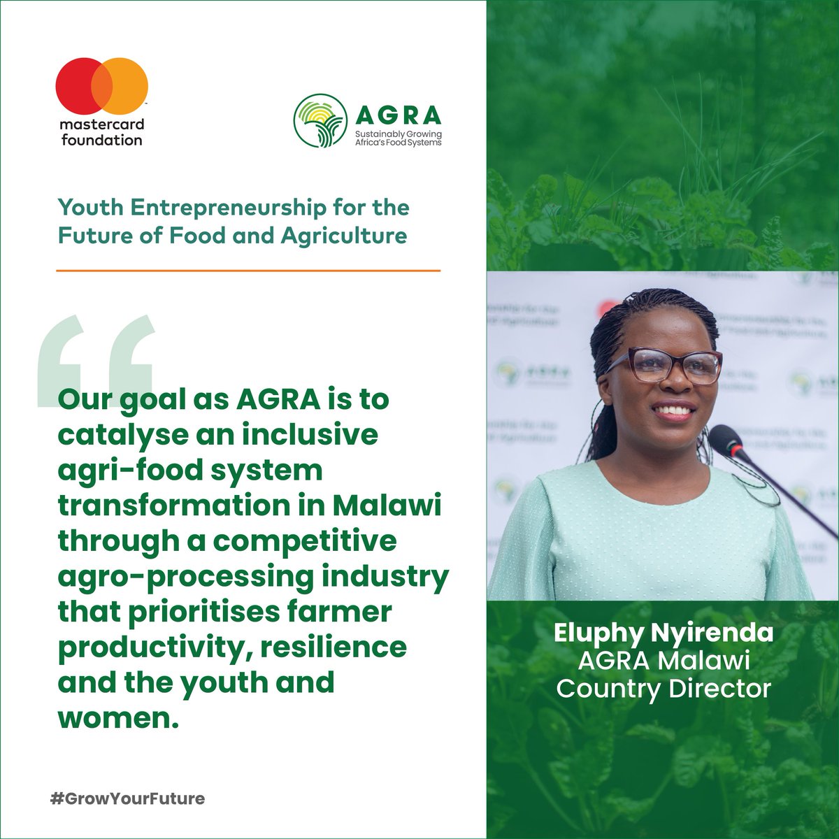 Food Systems | #YouthandFoodSystems 'Our goal as AGRA is to catalyze an inclusive Agri - food system transformation in Malawi through a competitive Agro - processing industry that prioritizes farmer productivity, resilience and the youth and women.' - Eluphy B Nyirenda, AGRA