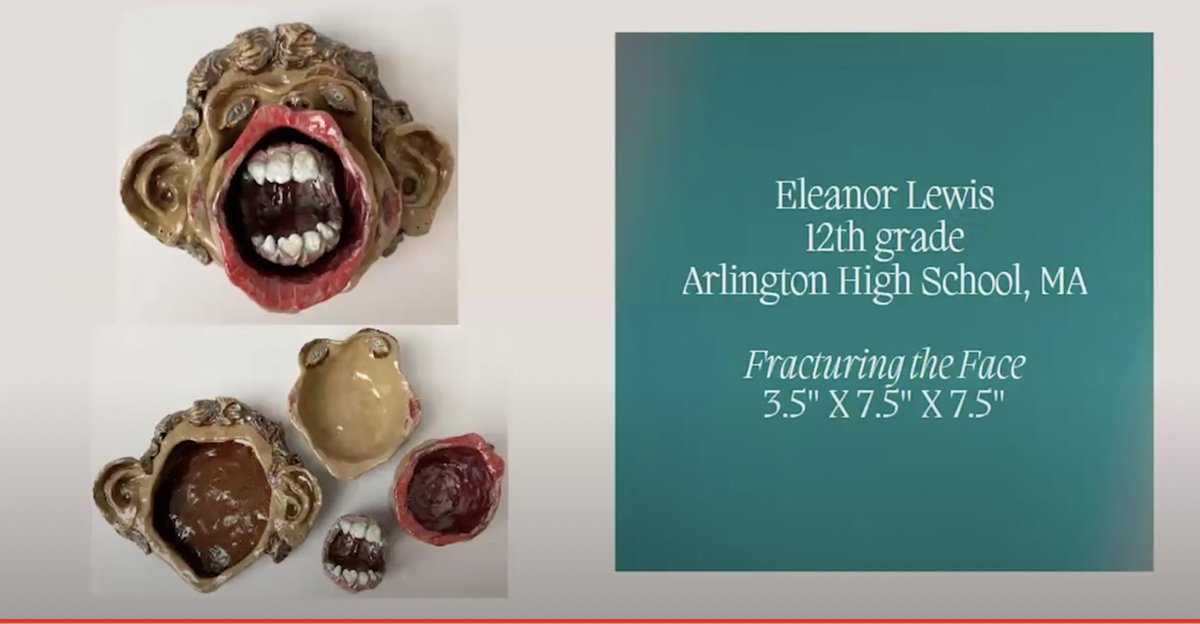 #ArlingtonMA AHS senior Eleanor Lewis' ceramic piece, Fracturing the Face, was chosen out of over 500 entries nationwide to be included in the American Museum of Ceramic Art 2024 High School Exhibition!