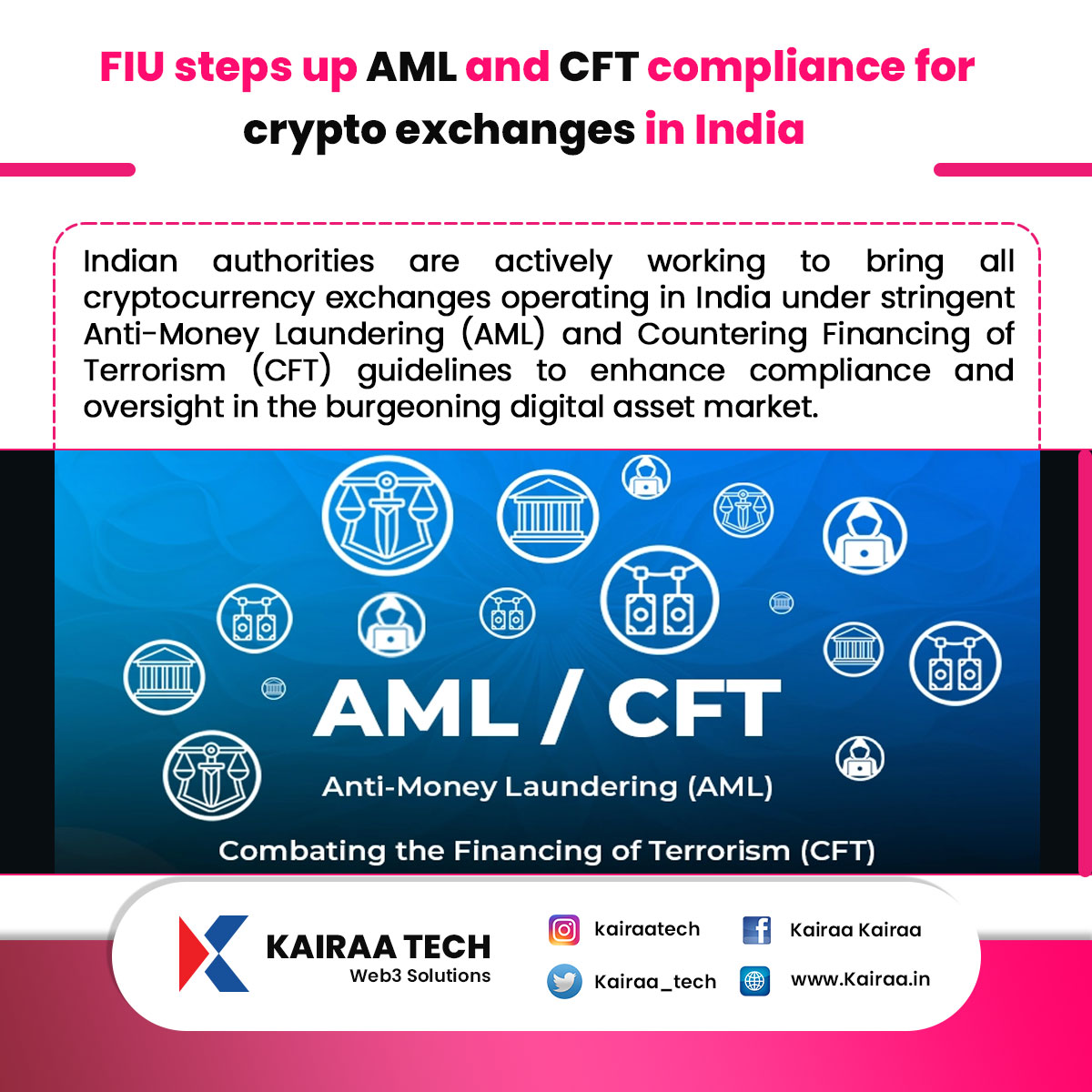 FIU improves AML and CFT compliance for Indian cryptocurrency exchanges.

For more details and updates.
Website: kairaa.in
Mail Id: Support@kairaatechserve.com

#kairaa #techserve #FIU #cryptocurrency #blockchain #cryptoexchanges #technology #socialmedia #India