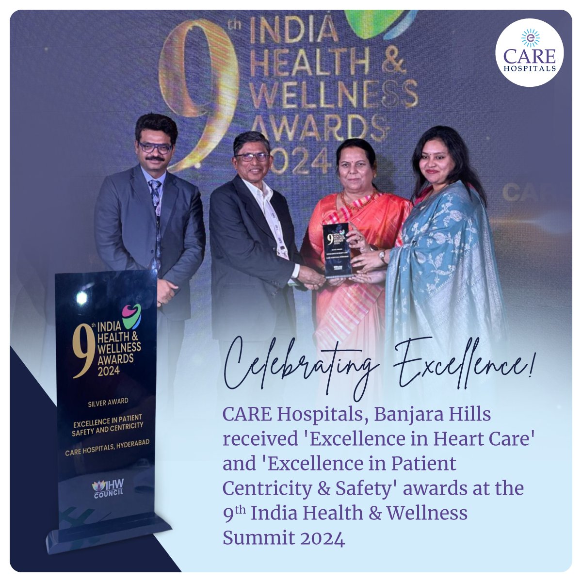 CARE Hospitals, Banjara Hills, Hyderabad received 'Excellence in Heart Care' and 'Excellence in Patient Centricity & Safety' awards at the 9th India Health & Wellness Summit 2024. 
#CAREHospitals #TransformingHealthcare #ExcellenceInHeartCare #IndianHealthAndWellnessCouncil