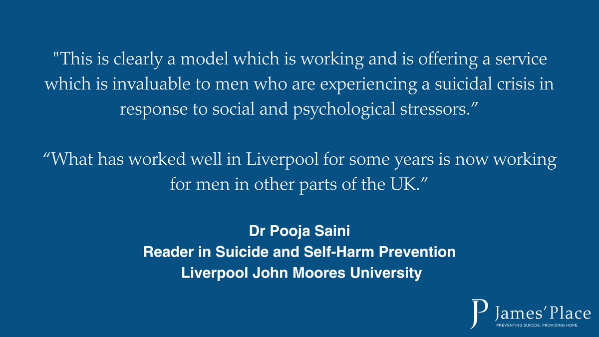 The latest independent evaluation of our work by @poojaliverpool @LJMU shows the free therapy we offer to men in suicidal crisis reduces their psychological distress and has a clinically significant positive impact on their lives. Full report at jamesplace.org.uk/researchers-ba…