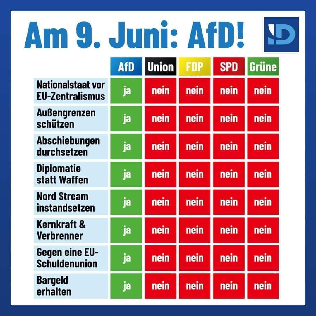 #Europawahl #afdjaa Nicht vergessen am 09.06. die AfD zu wählen. Hier nochmal ein paar gute Gründe: