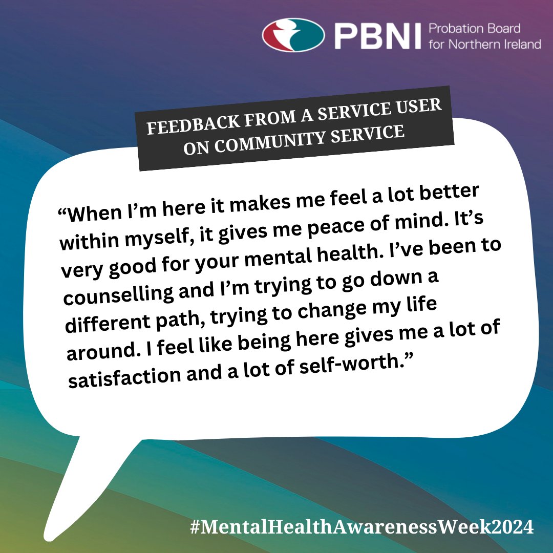 #MentalHealthAwarenessWeek theme this year is #MomentsForMovement.
People on our supervised #CommunityService can improve their #MentalHealth through the work they carry out for local communities & from support they receive from our staff.
👉Read more at pbni.org.uk/community-serv…