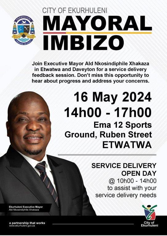 Join Executive Mayor Ald. Nkosindiphile Xhakaza tomorrow at Ema 12 Sports Ground, where he will address the community at the #Mayoralimbizo. We will start with an open day at 10am, followed by the Imbizo at 2pm.