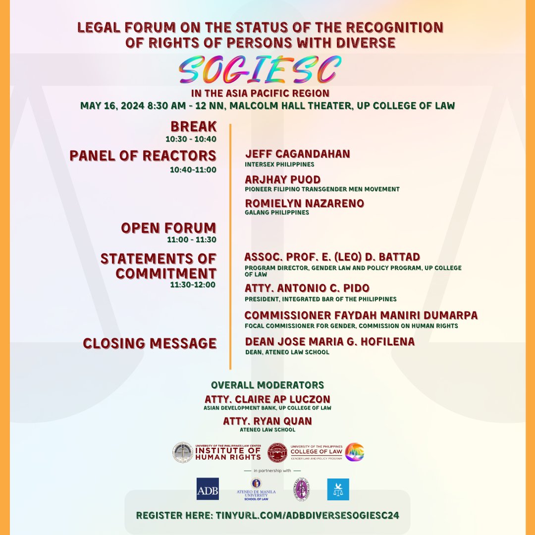 HAPPENING TOMORROW

Join the Legal Forum on SOGIESC Rights in the Asia-Pacific Region on 16 May 2024, 8:30AM - 12NN at the Malcolm Hall Theater, UP College of Law.  

Registration is still open at the venue tomorrow from 7:30 to 8:30 AM.

 #UPCollegeofLaw #UPIHR #UPGLPP