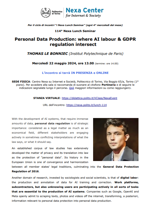 #AppuntamentiPoliTO 📅22 May 2024 at 1,00 pm Personal Data Production: where AI labour & GDPR regulation intersect ℹ️polito.it/ateneo/comunic…
