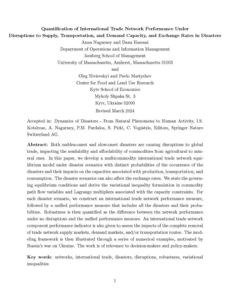 The resilience of #Ukrainians continues to inspire me. Grateful to @umassamherst &amp; @UMassIPO for the global partnership with <a href="/kse_ua/">Kyiv School of Economics</a>. Yesterday, we heard that our paper on international trade network performance under a variety of disruptions in disasters, co-authored with
