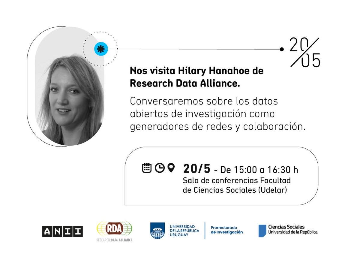 ANII - Uruguay (@aniiuy) on Twitter photo 🌏💻📊 Te invitamos a participar del Conversatorio "Datos abiertos de investigación como generadores de redes y colaboración" con <a href="/hilaryhanahoe/">Hilary Hanahoe</a>, secretaria general de Research Data Allience <a href="/resdatall/">Research Data Alliance (RDA)</a>, junto a Regina Motz y Nicolás Schmidt de la Facultad de Ingeniería y la 🌏💻📊 Te invitamos a participar del Conversatorio "Datos abiertos de investigación como generadores de redes y colaboración" con <a href="/hilaryhanahoe/">Hilary Hanahoe</a>, secretaria general de Research Data Allience <a href="/resdatall/">Research Data Alliance (RDA)</a>, junto a Regina Motz y Nicolás Schmidt de la Facultad de Ingeniería y la