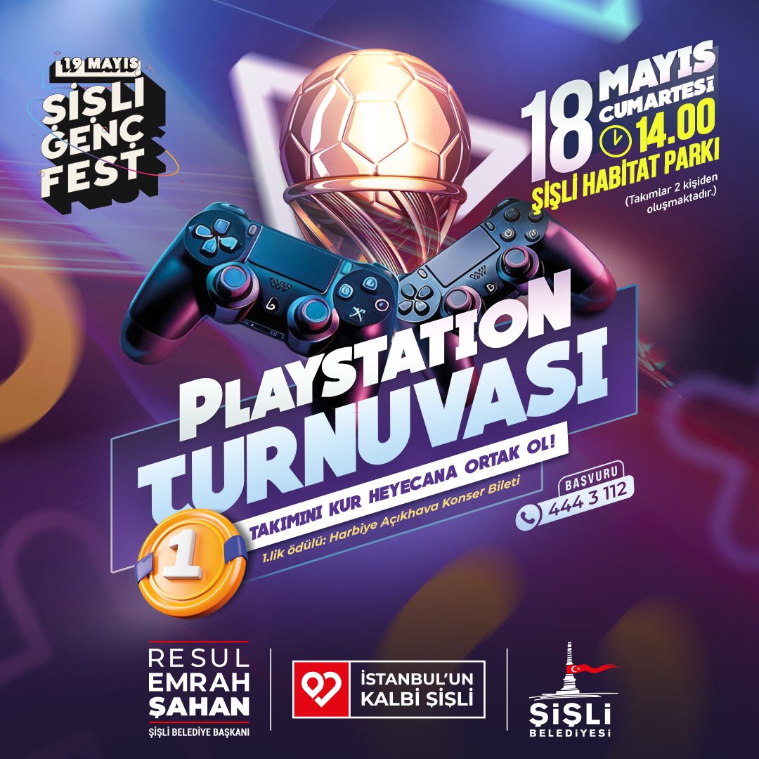 Kazanmaya hazır mısın gençlik? 🎮 Şişli Genç Fest’e özel Playstation Turnuvası’nda takımını kur, bu heyecana ortak ol! 📆18 Mayıs Cumartesi ⏰14.00 📍Şişli Habitat Parkı