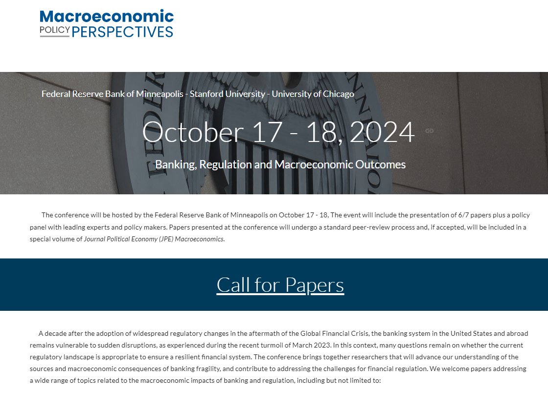 The Macroeconomic Policy Perspectives conference on 'Banking, Regulation and Macroeconomic Outcomes'' deadline is May 30. Selected papers will be considered for a special issue of the JPE Macro. sites.google.com/view/mppconfer…