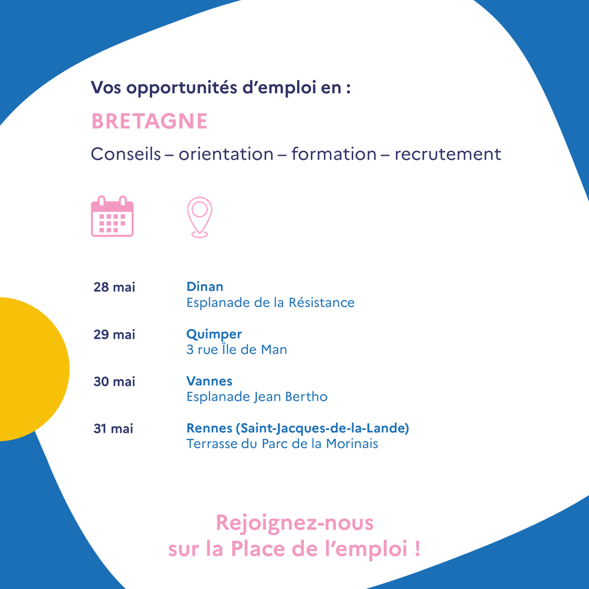 📣 Du 28 au 31 mai, @FranceTravail #Bretagne et ses partenaires organisent l'événement 'Place de l'emploi' dans 4 villes bretonnes.
Un événement gratuit pour faire se rencontrer personnes en recherche d'#emploi, recruteurs et acteurs du territoire
francetravail.fr/region/bretagn…