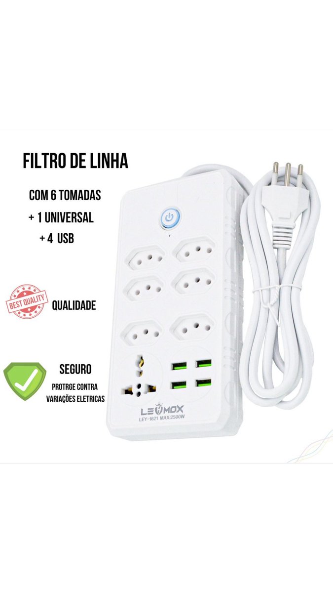 Régua Filtro de Linha com 7 Tomadas Extensão Elétrica 1 Universal 4 USB Bivolt 10A 110v/220v por R$35,99 - R$54,99. 

Compre na Shopee agora! 

shope.ee/g49UuuYcI?shar…
