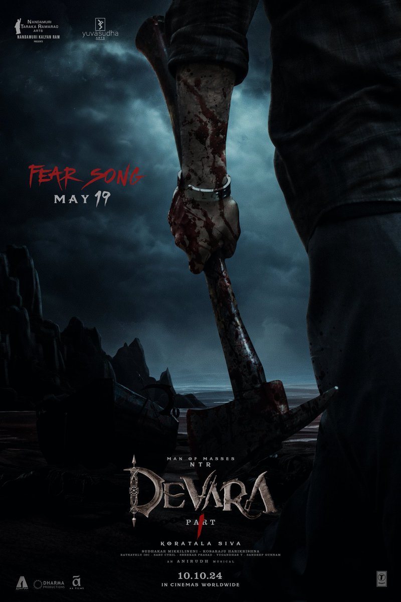 NTRArtsOfficial's tweet photo. ALL SET for the mighty storm  🌊

#DevaraFirstSingle ~ #FearSong will unleash tsunami of madness that will sweep through every coast on May 19th 💥

An @anirudhofficial Musical 🎶 

#Devara
Man of Masses @tarak9999 #KoratalaSiva #SaifAliKhan 
#JanhviKapoor
@NANDAMURIKALYAN 
@RathnaveluDop
@sabucyril @sreekar_prasad @Yugandhart_ @YuvasudhaArts 
#KaranJohar @dharmamovies @AAFilmsIndia @apoorvamehta18 #AnilThadani
@DevaraMovie @Tseries @tseriessouth
