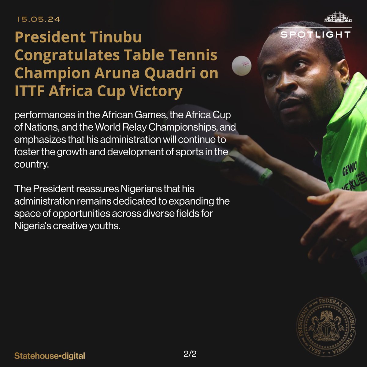 President Tinubu Congratulates Table Tennis Champion Aruna Quadri on ITTF Africa Cup Victory