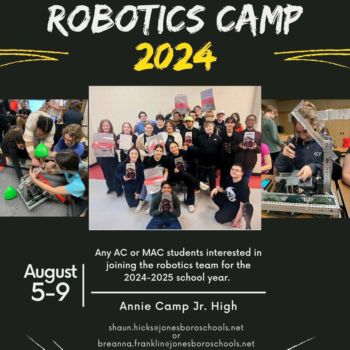 ATT: Robotics camp for any upcoming AC/MAC student interested in joining robotics team>Aug 5-9, 10 am - 2 pm @ Annie Camp/Apply by June 1! bit.ly/4dEk8Sm Questions? Email shaun.hicks@jonesboroschools.net or breanna.franklin@jonesboroschools.net RT