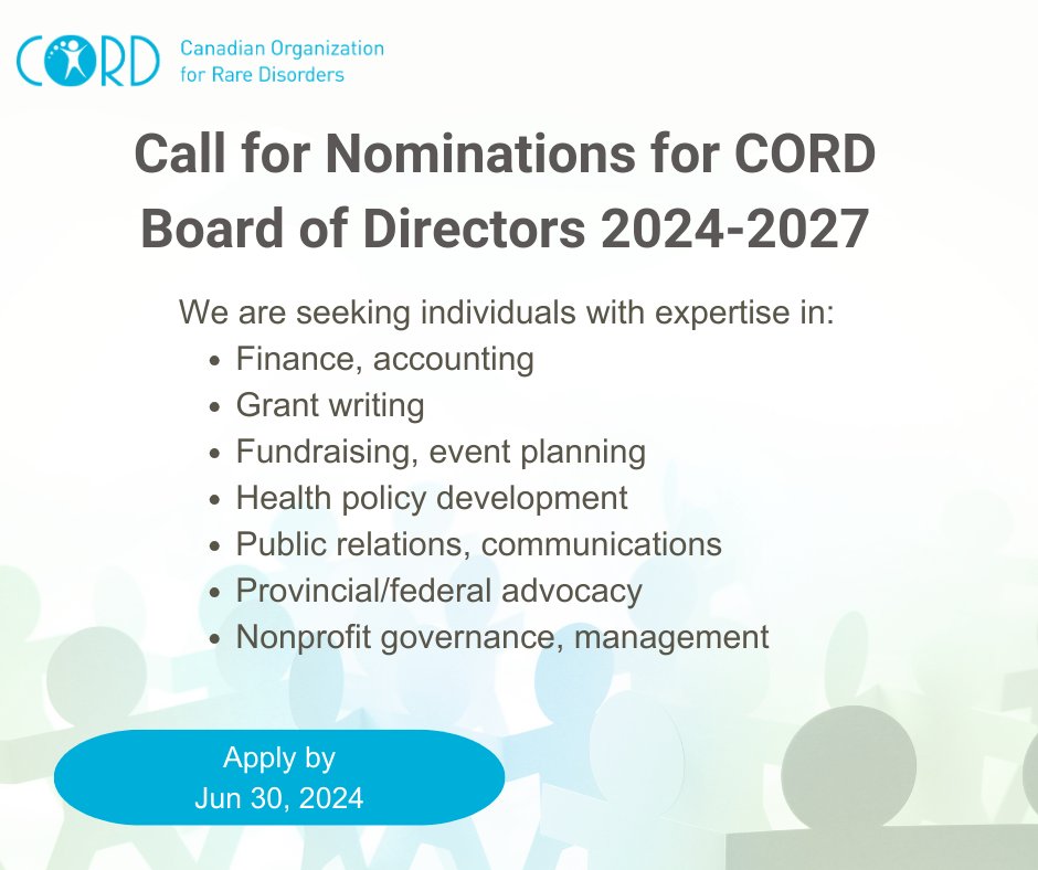 CORD is looking for passionate, creative, committed, qualified people to join our Board of Directors for the 2024-2027 term to help guide our organization to meet the needs of the rare disease community. Visit 👉 bit.ly/44Qc90v for more info and to apply!