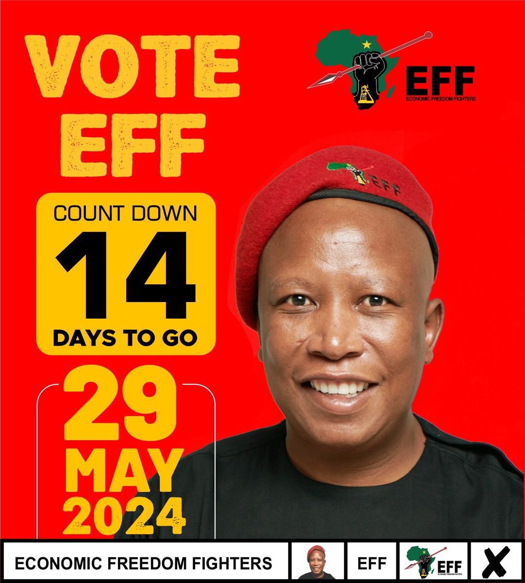♦️14 Days To Go♦️

We remain resolute that the EFF government will expropriate all LAND without compensation for equal redistribution, create millions of jobs through re-industrialisation using the state, stop load shedding, & rebuild our education system.

#VukaVelaVotaEFF