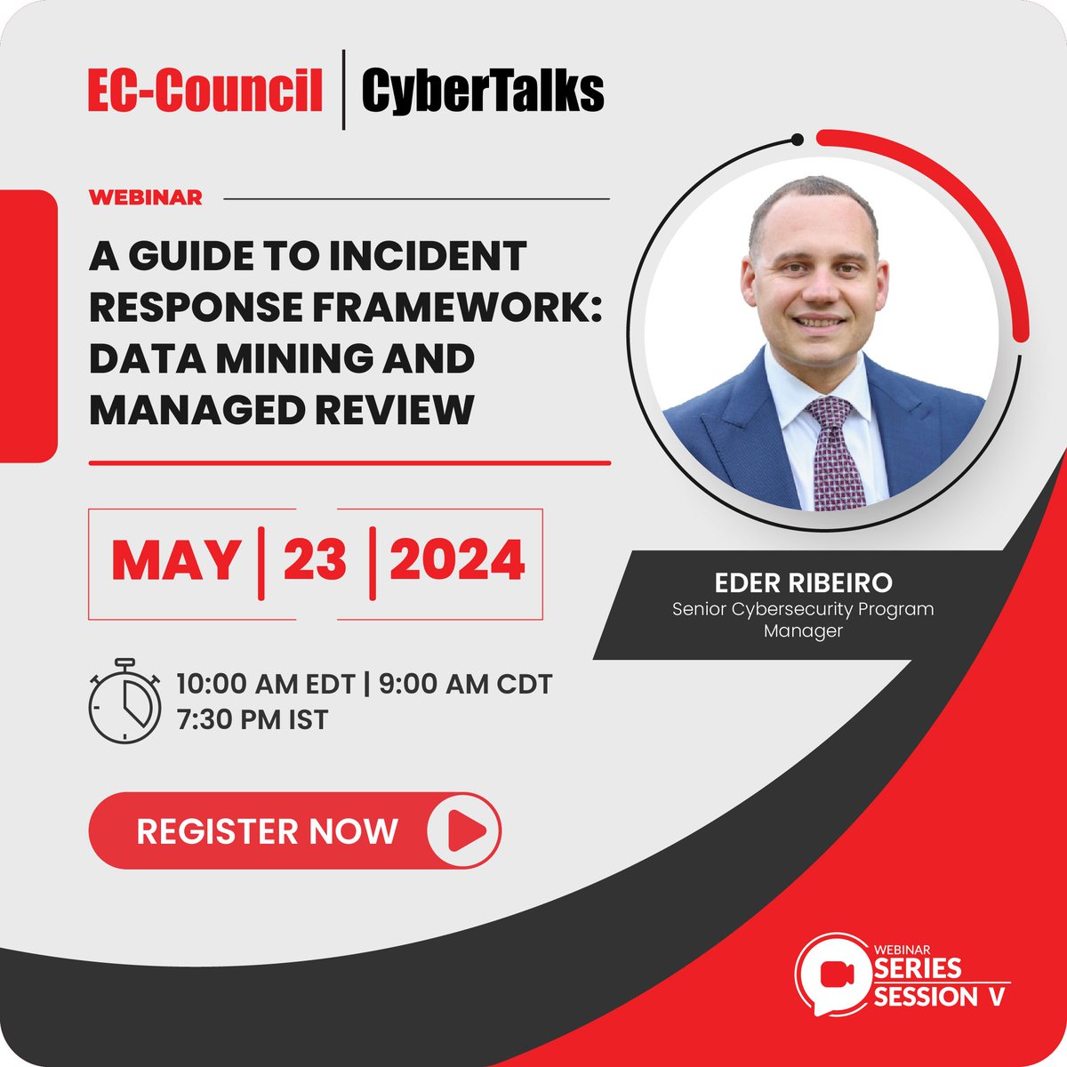 Learn about #DataMining and #ManagedReview in this #Webinar with Eder Ribeiro. Understand their roles in the IR lifecycle, how they work, etc.! 

Register now: buff.ly/4bmDzgF  

#ECCouncil #Cybersecurity #CybersecurityAwareness #ECIH #IncidentResponse #IRPlanning