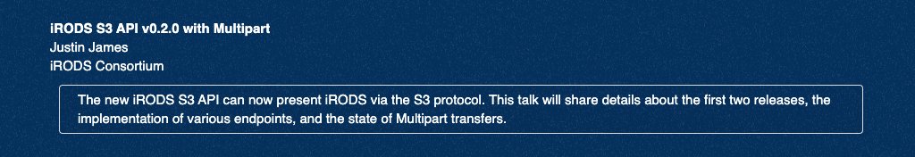 The new #iRODS #API can now present #iRODS via the S3 protocol. This #iRODSUGM talk will share details about the first two releases, the implementation of various endpoints, + the state of #Multipart transfers. Tune in at 11 AM CET / 5 AM ET on May 30. irods.org/ugm2024/