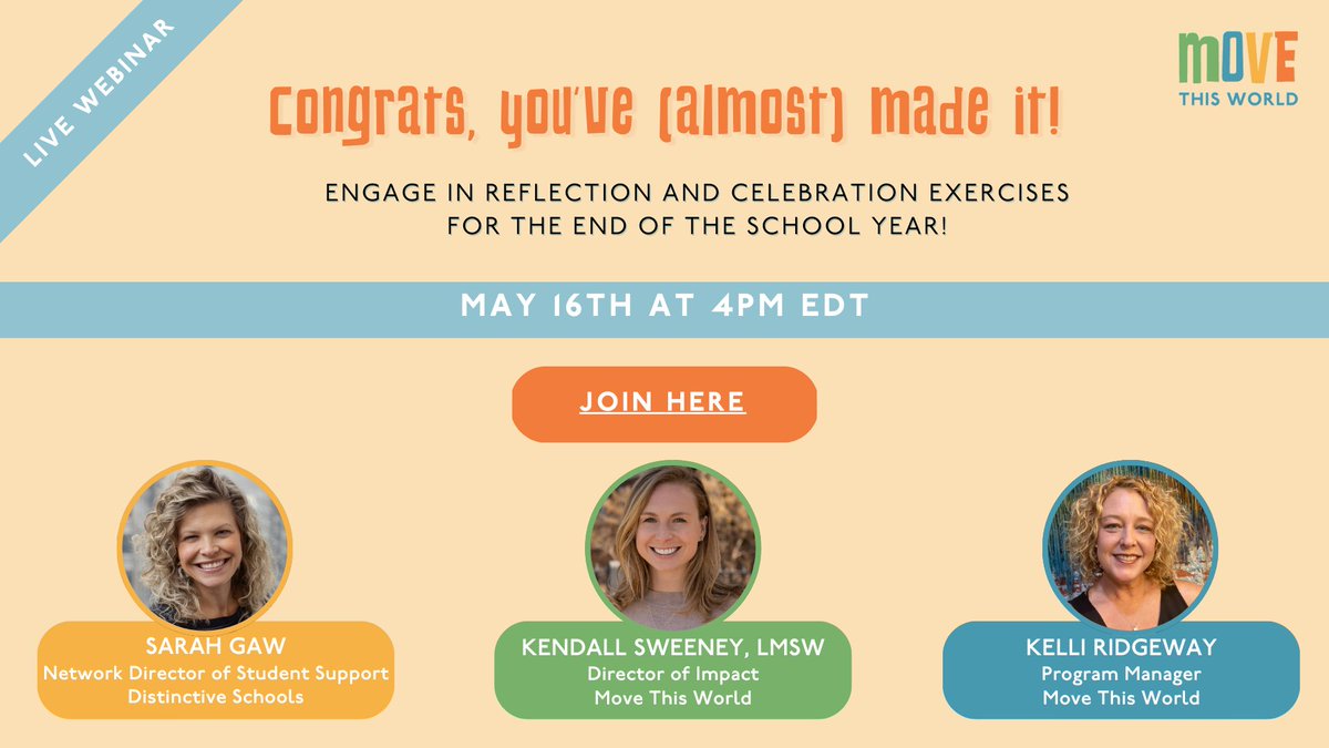 Move This World (@move_thisworld) on Twitter photo 📢Join our team tomorrow for an educator wellness webinar and hear from Sarah Gaw, the Regional SEL Manager for <a href="/Distinctive_Edu/">Distinctive Schools</a> about how she helps keep everyone sane in the last few weeks of the school year.
Register here: us06web.zoom.us/webinar/regist… 📢Join our team tomorrow for an educator wellness webinar and hear from Sarah Gaw, the Regional SEL Manager for <a href="/Distinctive_Edu/">Distinctive Schools</a> about how she helps keep everyone sane in the last few weeks of the school year.
Register here: us06web.zoom.us/webinar/regist…