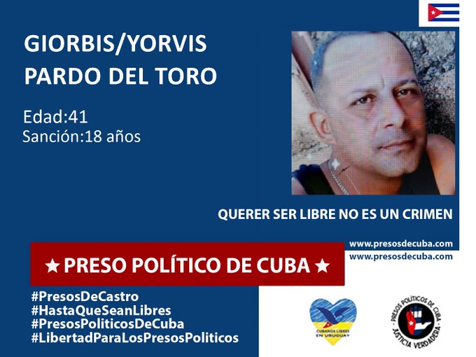 #Twittazo Libertad para Giorbis Pardo del Toro.
.
“Sin aire, la tierra muere. Sin libertad, como sin aire propio y esencial, nada vive.” -José Martí-
.
.
.
#HastaQueSeanLibres 
#PresosPoliticosDeCuba
#LibertadYJusticiaParaCuba
