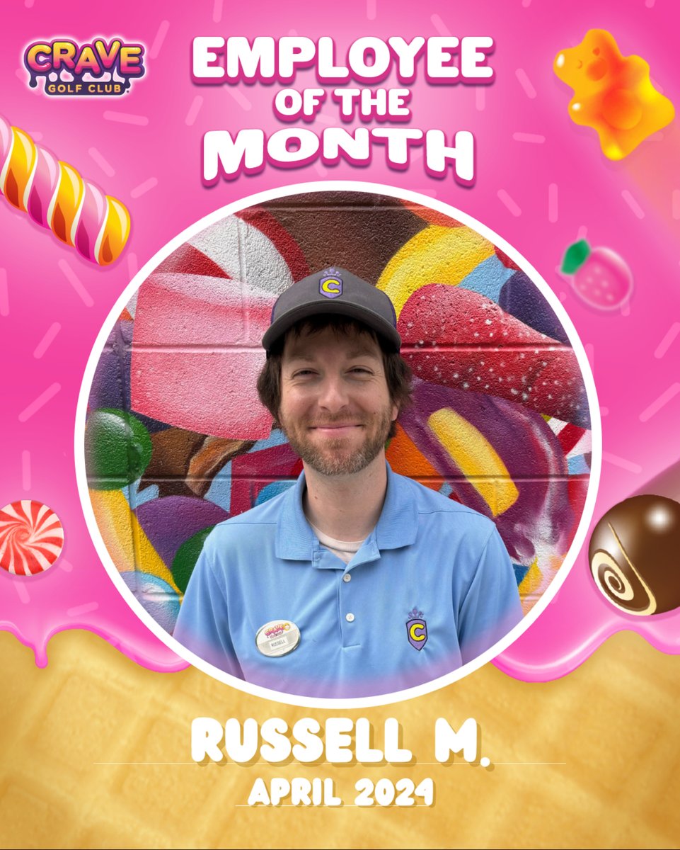 Congratulations to Crave Golf Club’s April 2024 Employee of the Month, Russell! 🍭 

#Crave #cravegolfclub #minigolf #employeeofthemonth #rockstar #escaperooms #minibowling #candy #fun #explore #adventure #familyfun #pigeonforge #mypigeonforge #smokymountains #thingstodo