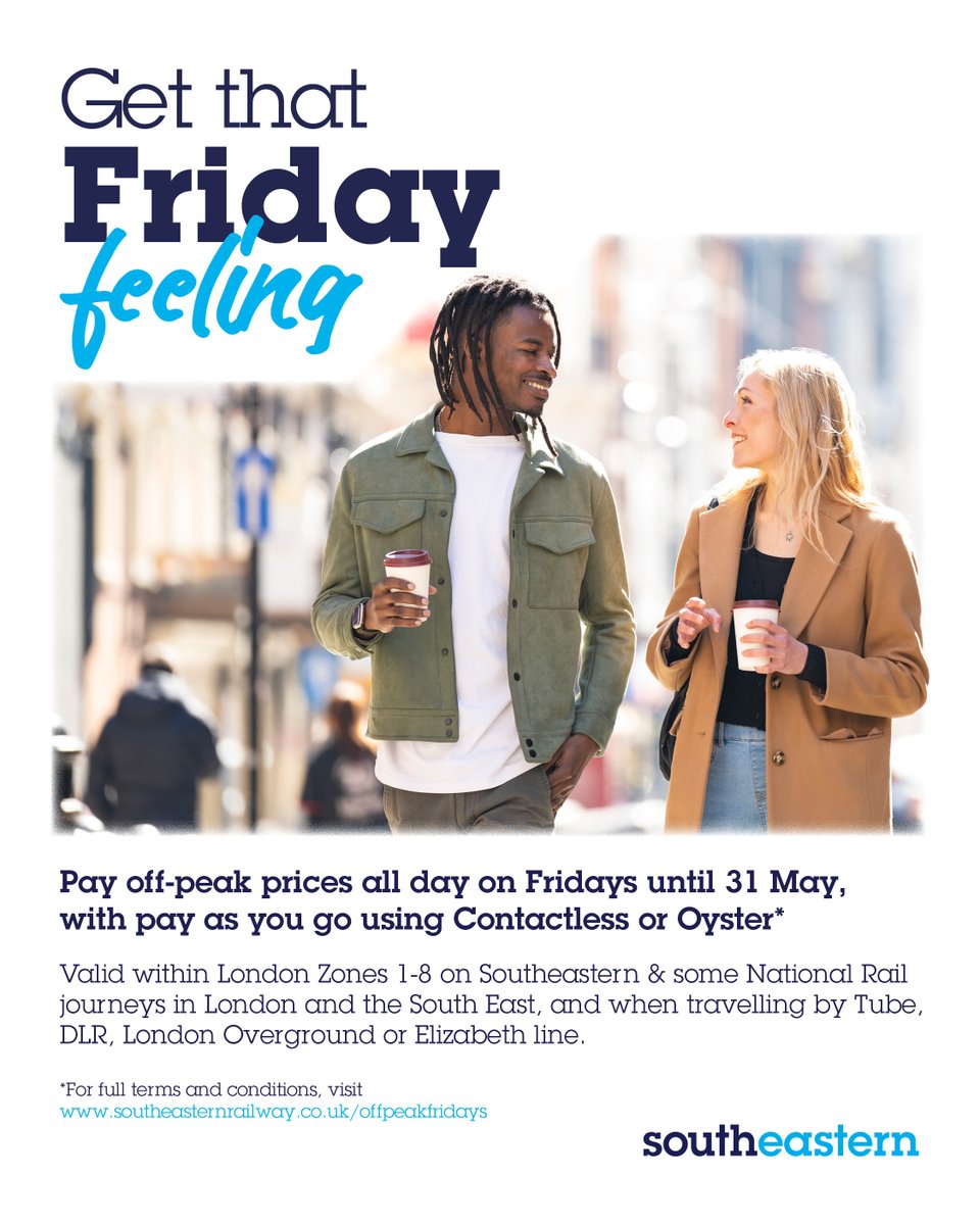 Get that Friday feeling! Get off-peak prices all day on Fridays until 31st May when using Contactless pay-as-you-go or Oyster within Zones 1-8 on ours and other National Rail services, Tube, Overground, DLR & the Elizabeth Line. For more details visit southeasternrailway.co.uk/offpeakfridays