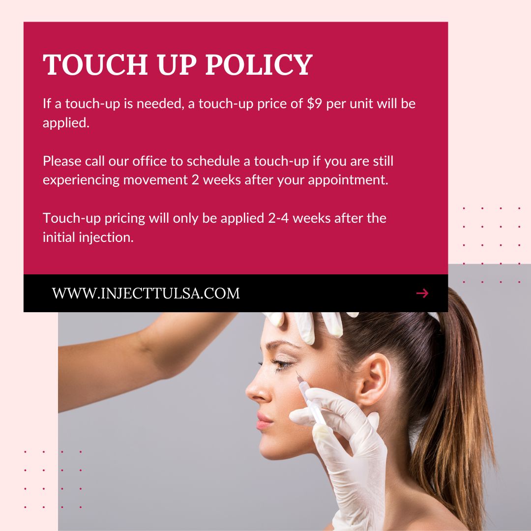 Friendly reminder to all of our clients! Make sure to book those touch up appointments within 2-4 weeks after your initial treatment! 

#InjectTulsa #BeautyRevolution #TulsaAesthetics #LookGoodFeelGood #SkinGoals #HealthySkin #AestheticTreatments #RejuvenateYourself #BodyConfi...