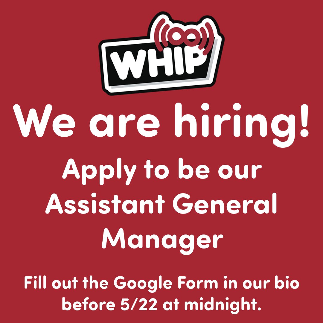 WHIP is hiring an Assistant General Manager for the 2024-25 school year!

Visit this link to apply by May 22 at midnight:
docs.google.com/forms/d/e/1FAI…