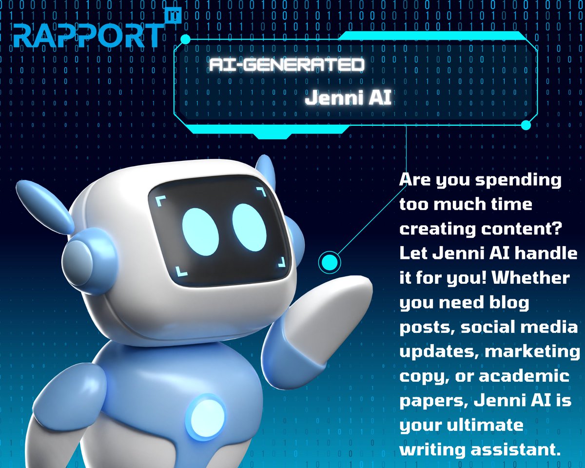 @RapportITS 🚀 Revolutionize Your Writing with Jenni AI! ✍️🤖

#JenniAI #AIWriting #ContentCreation #Productivity #WritingAssistant #Marketing #Blogging #DigitalMarketing #Innovation #TechRevolution #ContentStrategy