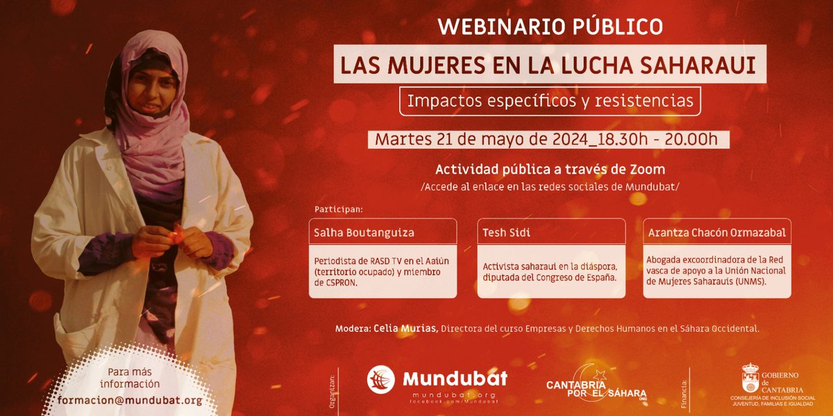 WEBINAR 🔴| ¡No pierdas la oportunidad de participar en el 📷Webinario Público “Las mujeres en la lucha saharaui. Impactos específicos y resistencias”! 👉ow.ly/tmvz50RGVzZ Usuario ID: 852 6667 0152 Código: 592548