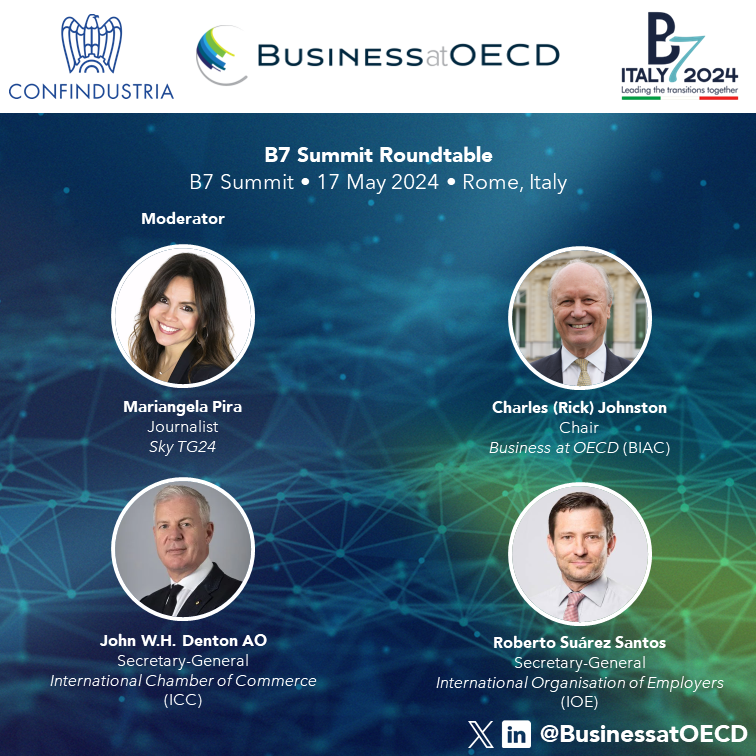 📢 JOIN US THIS WEEK Our Chair, Rick Johnston, will be at this week's B7 Summit - the business advisory body to the @G7. He will participate in a roundtable with @iccwbo's SG @ICCSecGen & @ioevoice's SG @robsuarezsantos, moderated by @SkyTG24's @MariangelaPira. Agenda ➡️