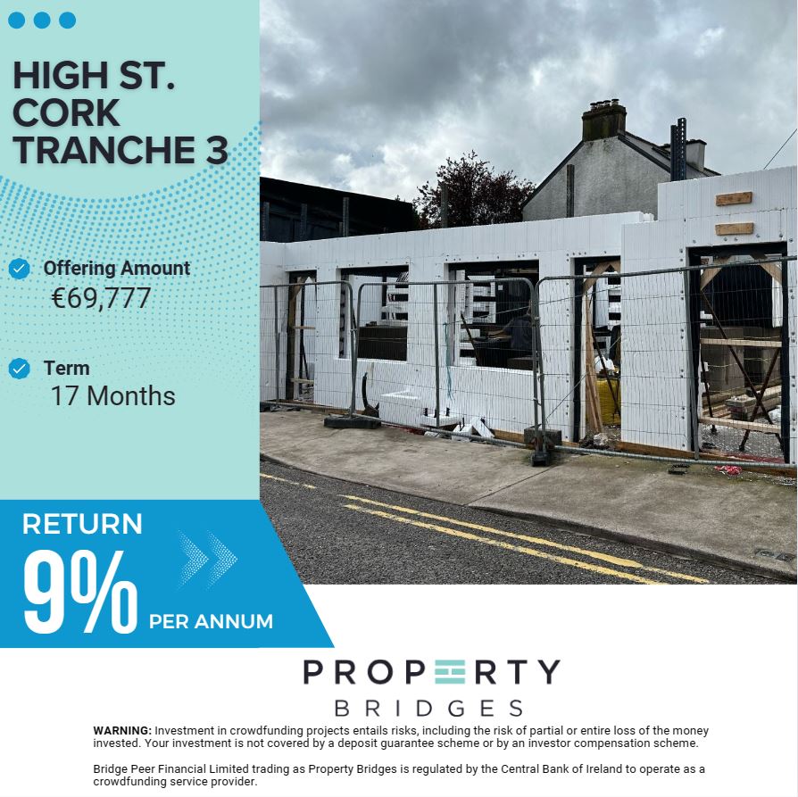 High St, Cork T3 Project is Going LIVE TOMORROW at 12pm We are raising €69,777 to fund the development of four - one bedroom apartments at 18-20 High St Cork. The completed 4 apartments are being sold to an Approved Housing Body SIGN UP on propertybridges.com #p2plending