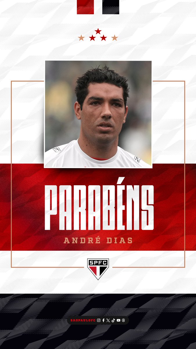 🥳 Hoje é dia de parabenizar André Dias, que completa 4️⃣5️⃣ anos!

Pelo Tricolor, o zagueiro foi tricampeão brasileiro (2006, 2007 e 2008), com 197 jogos disputados e 11 gols marcados.

Feliz aniversário! 🎉

#VamosSãoPaulo 🇾🇪