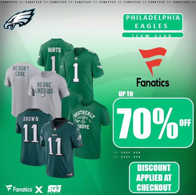 PHILADELPHIA EAGLES FLASH SALE, @Fanatics!🏆 EAGLES FANS‼️ Take advantage of Fanatics exclusive offer and get 70% OFF Eagles gear using THIS PROMO LINK: fanatics.93n6tx.net/EAGLESDEAL 📈 DISCOUNT APPLIED AT CHECKOUT 🤝 #FlyEaglesFly