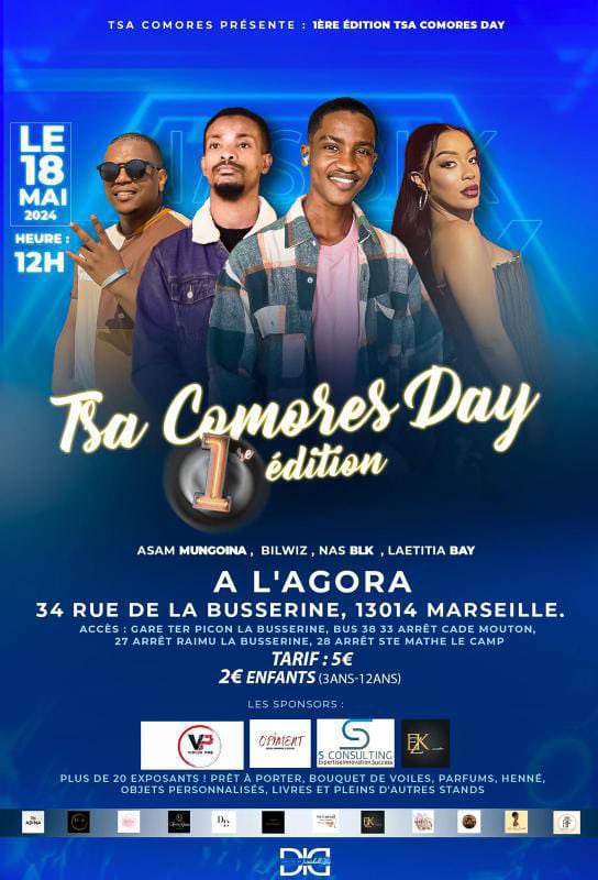 ℹ️Nous continuons à venir vous rencontrer pour répondre à toutes vos questions sur l’entrepreneuriat et l’investissement aux Comores.
Venez rencontrez nos équipes: 
🗓️Le 18 mai à Marseille, au TSA Comores Day
🗓️Les 25 et 26 mai à Paris, au Jamaa Summit