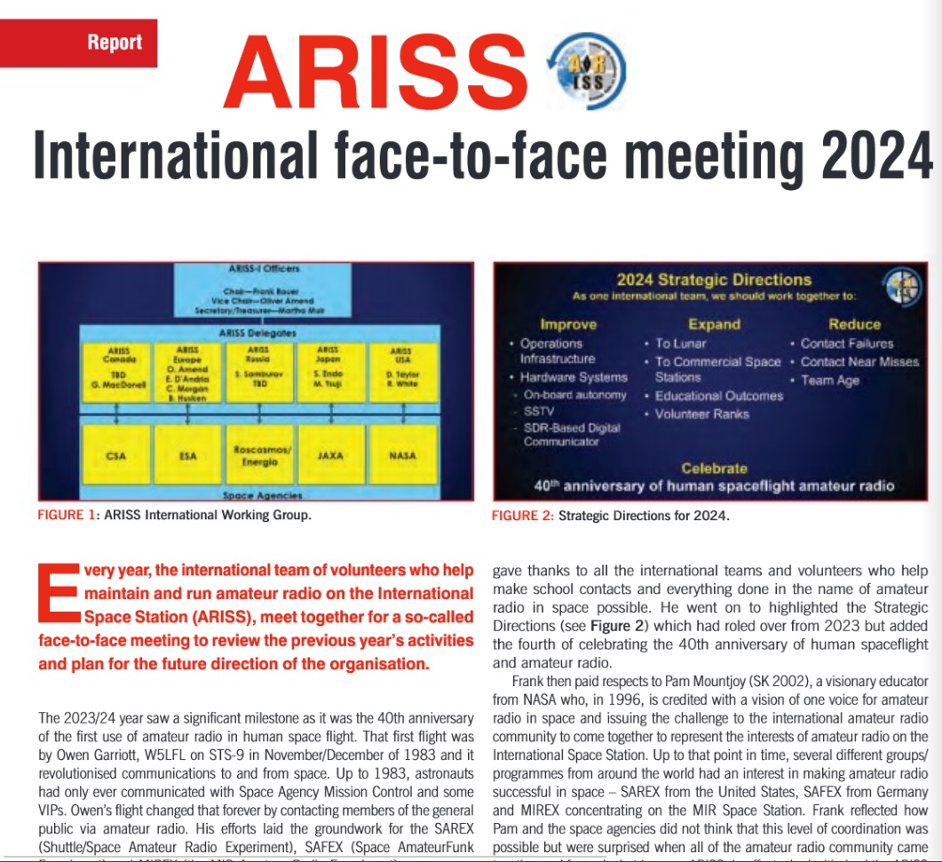 The June 2024 edition of #RadCom magazine has a 2-page article by Ciaran M0XTD about the ARISS International face-to-face meeting held in Florida in February. 
RSGB members can read the June Radcom at thersgb.org/members/public… #amsat #hamradio #hamr