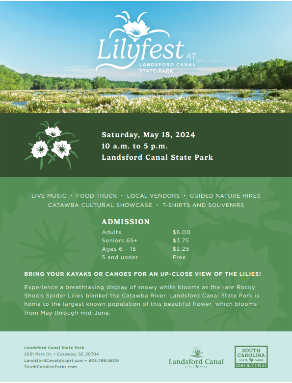 Join us to celebrate the blooming of the Rocky Shoals Spider Lilies at Lilyfest, Saturday, May 18, at Landsford Canal State Park! Enjoy live music, food trucks, vendors, guided nature hikes & more! Details below and here 🔗 brnw.ch/21wJNBr