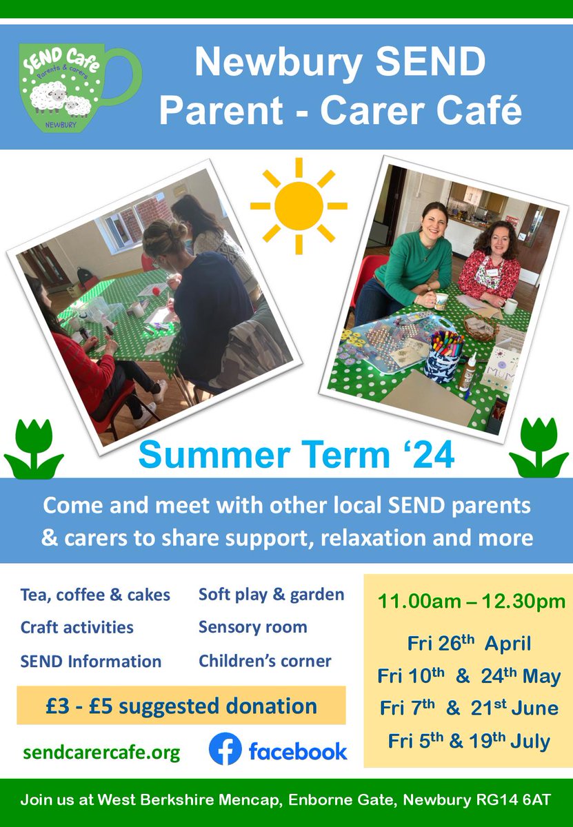 The #Newbury #SEND Parent Carer Café offers opportunities to get together with other families of children with additional needs. The café meets on Fridays, usually twice a month, from 11am to 12.30pm, @WestBerksMencap's base, at Enborne Gate. See sendcarercafe.org