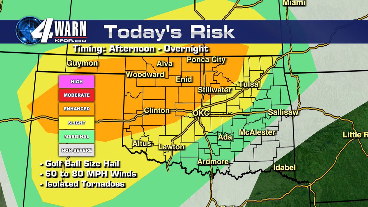 HEADS UP: There's an enhanced risk for severe storms this afternoon, beginning west, and spreading east this evening/overnight. Damaging winds, large hail & flooding will be the main threats. Isolated tornadoes are possible, mainly for north central OK. Stay tuned!

9AM WED #okwx
