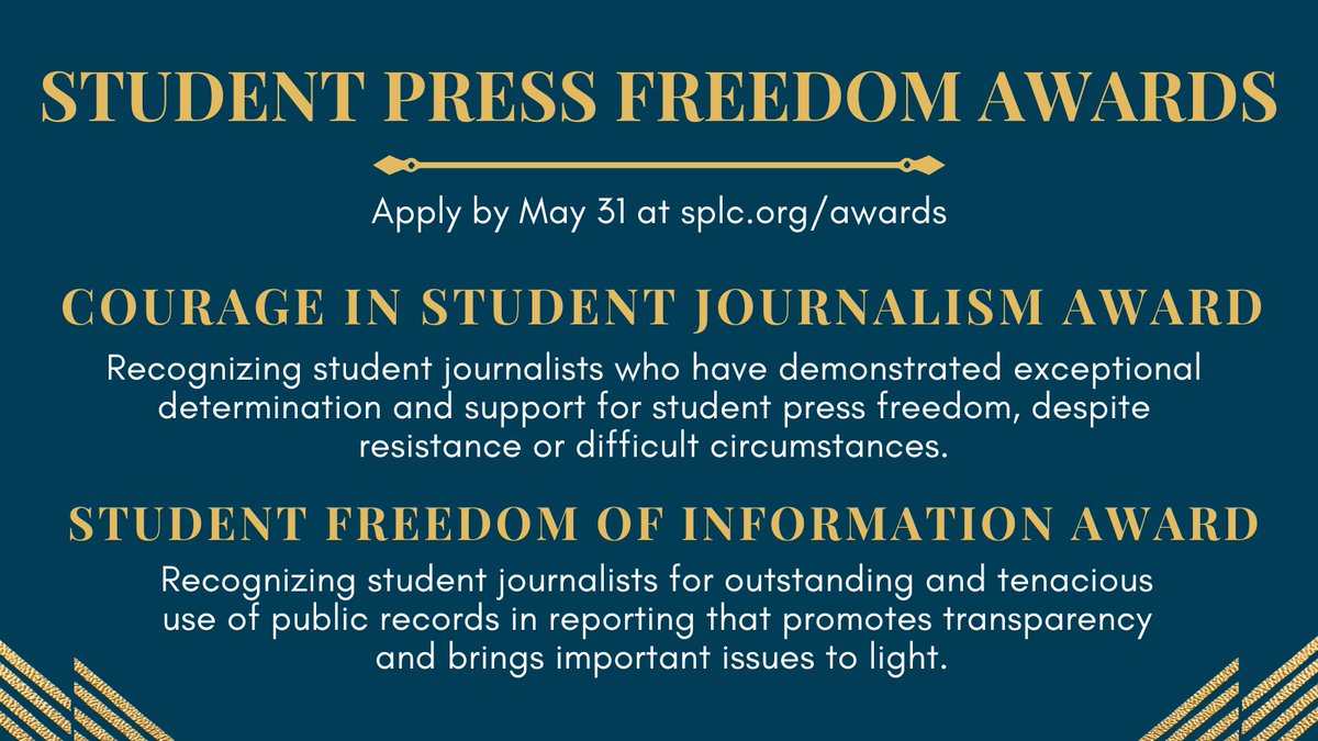 Know a courageous or transparency-loving student journalist? Help us recognize them! 🏆 splc.org/awards We are accepting nominations for our two national awards, both presented (with cash prizes!) at the HS & college levels. No cost to enter! #studentpressfreedom