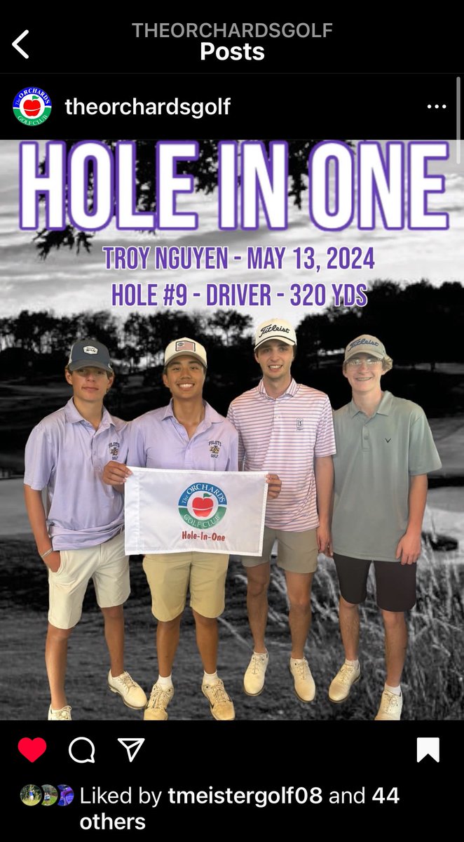 Congratulations to Sophomore golfer Troy Nguyen on making is first hole in one on a Par 4!! Troy aced the 9th hole at The Orchards. #PilotPride