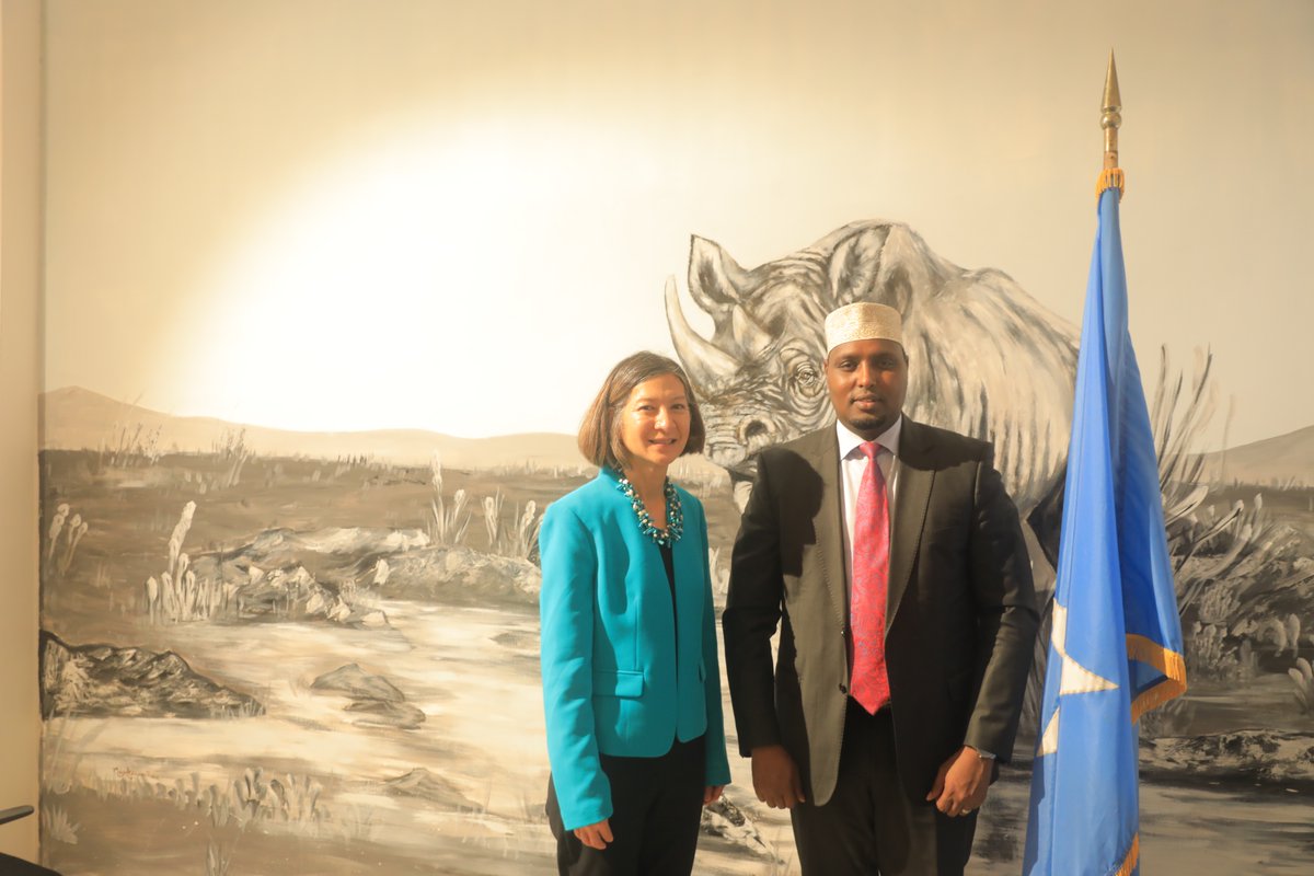 H.E. @HonBeenebeene met with @USAIDSomalia Mission Dir Sheri Nouane Duncan-Jones 2 discuss recent developments, including the USAID portfolio review in Mogadishu, the transition from NDP-9 to NTP, collaboration in Aid Architecture, & the utilization of the country system.